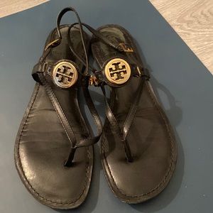 Black Tory Burch Sandals with gold symbol, size 8.5